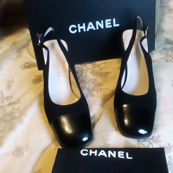 Chanel Cambon sling back shoes 37.5 = 7.5 USA black w/ blk patent toe - Picture 15 of 16